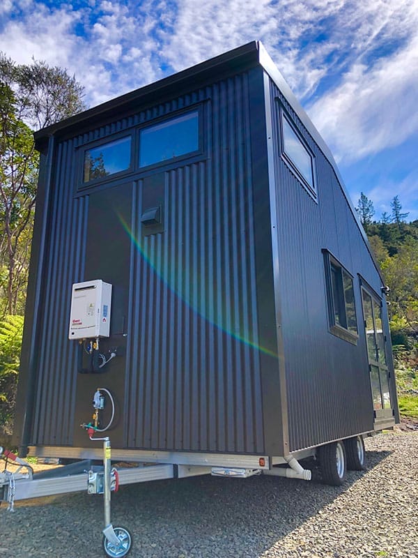 Tiny Home in Black Tin showing gas califont