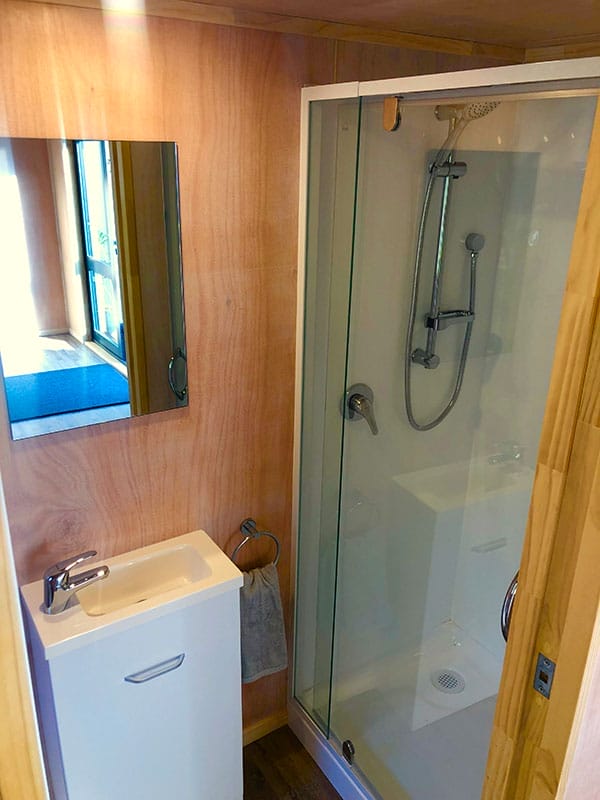 bathroom in tiny home showing shower and vanity