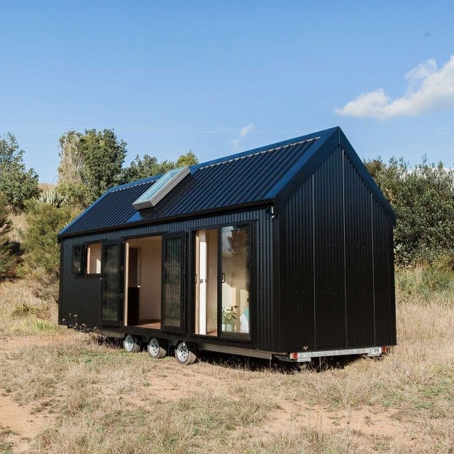 The Everest Tiny House Design by Fox Cabins, Raglan. Ebony Black Colorsteel Cladding, Gable Roof and Skylight