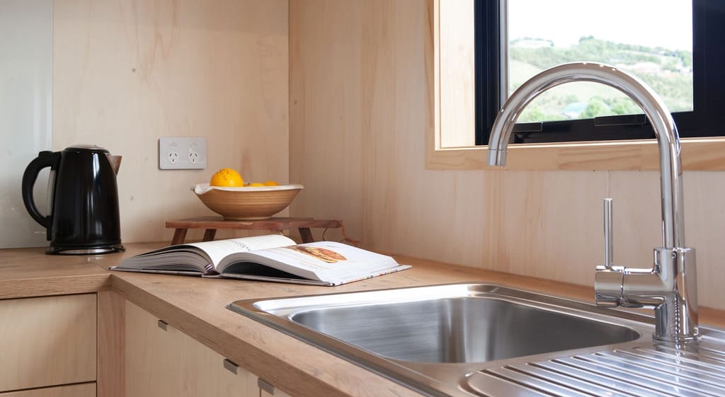 Tiny Home kitchen detail showing sink. Fox Cabins